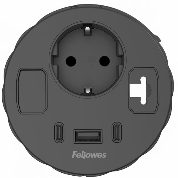 Fellowes Power Spot® 80 mm inkl. 1x USB A + 2x USB C (45W) lading, 1x gjennomføring