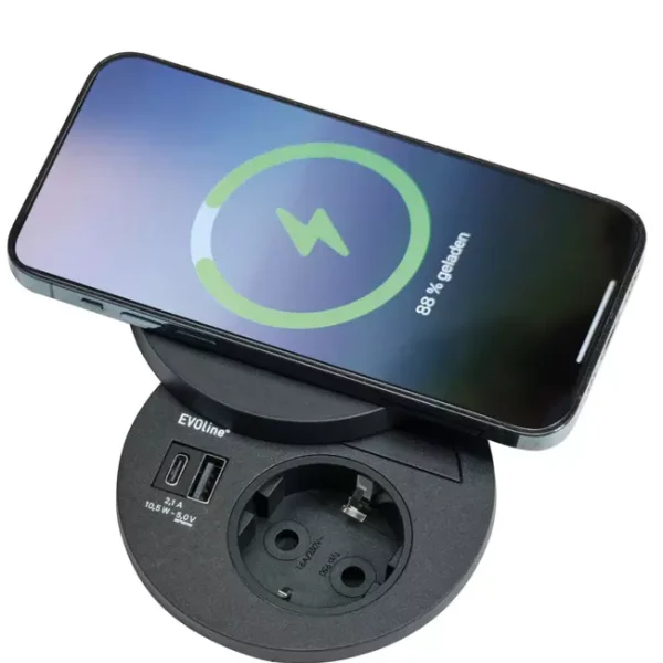 Kenson circle80 disq - 1xstikk, 2xusb (a+c, 2.1a), trådløs lader, sort - Bilde 3