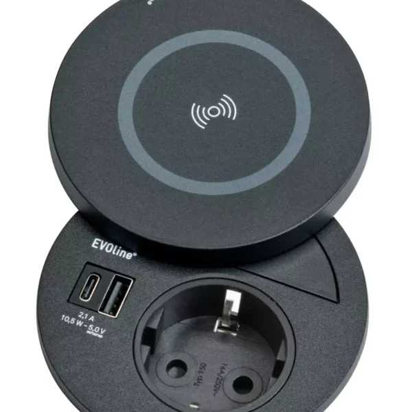 Kenson circle80 disq - 1xstikk, 2xusb (a+c, 2.1a), trådløs lader, sort